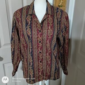 Victoria Ashley vintage wine & navy paisley striped button down  top. Size L.
